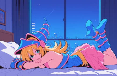 Темна чарівниця з аніме «Ю-Ґі-О!» у своєму фірмовому синьо-рожевому вбранні лежить... Телефон