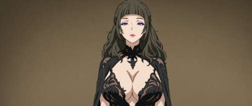 Ілюстрація в стилі аніме, на якій зображено зрілу жінку з темним волоссям і фіолетовими... Телефон