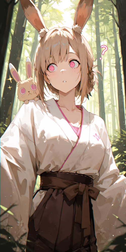 Аніме-дівчина зі світло-коричневим волоссям і білими вушками, що нагадують вушка...