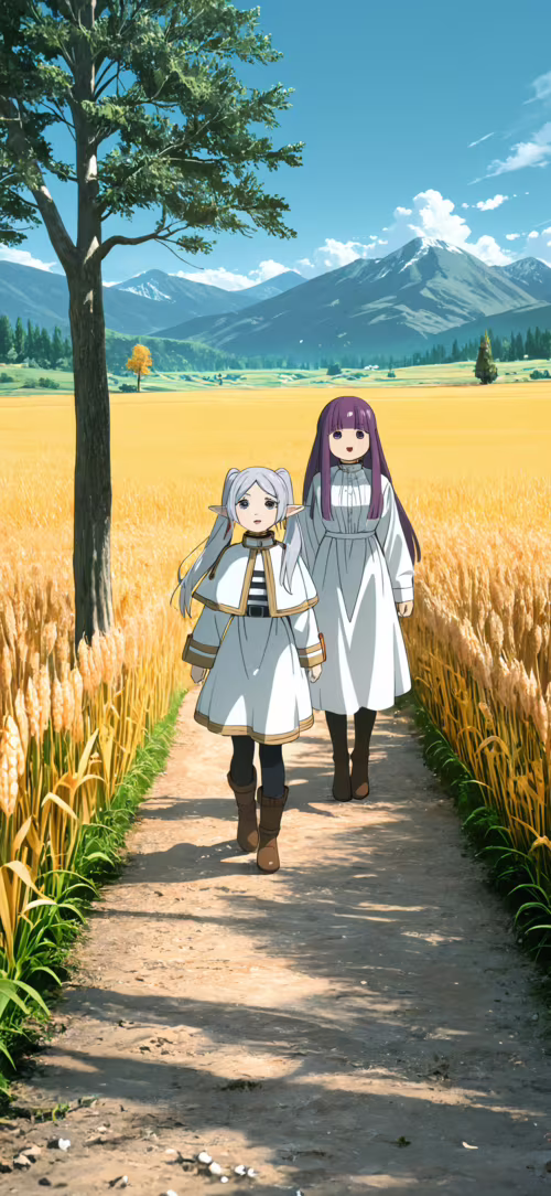 На аніме-сцені зображено ельфійку Фрірен зі сріблястими косичками на передньому плані... Google Pixel 4a 5G