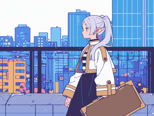 Ілюстрація в стилі аніме, на якій зображено Фрірен, ельфійську дівчину з довгим білим...