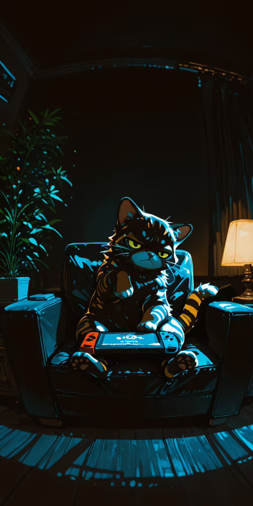 Рудий смугастий кіт із похмурим виразом обличчя сидить у чорному кріслі в напівтемній... Asus ZenFone 5