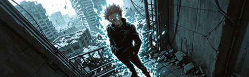 Рьомен Сукуна з аніме «Дзюцу Дзюцу Кайсен» стоїть у зруйнованому місті, зловісно...