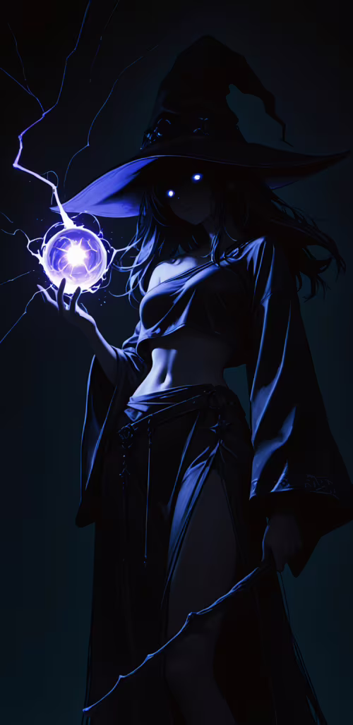 У темряві стоїть відьма в стилі аніме: у неї довге темне волосся та великий загострений...