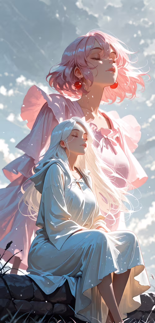 Цифровий малюнок у стилі аніме, на якому зображено молоду жінку з довгим білим волоссям,...