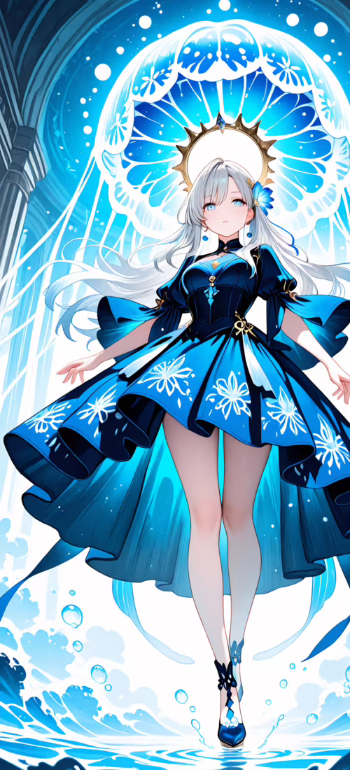 Аніме-дівчина з довгим сріблястим волоссям і темно-синьою сукнею стоїть на поверхні... Huawei P40 Pro plus