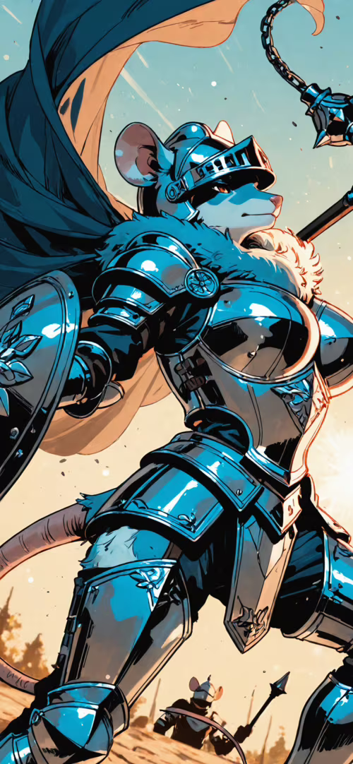 Цифровий малюнок, на якому зображено антропоморфну мишу-воїнку, одягнену в повний...