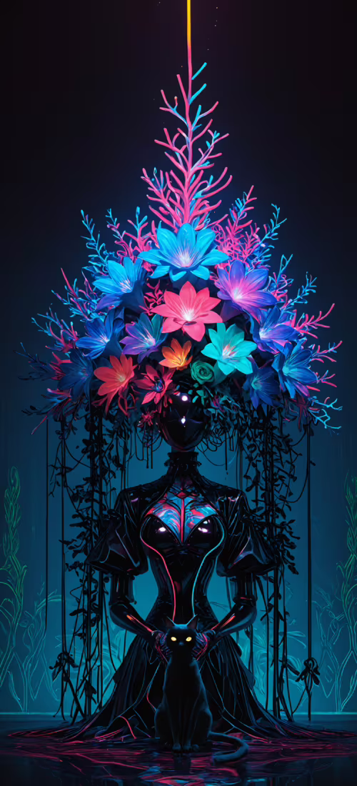 Чорний кіт стоїть на строкатій неоновій підлозі перед великою вазою, в якій розміщено... Huawei P40 Pro plus