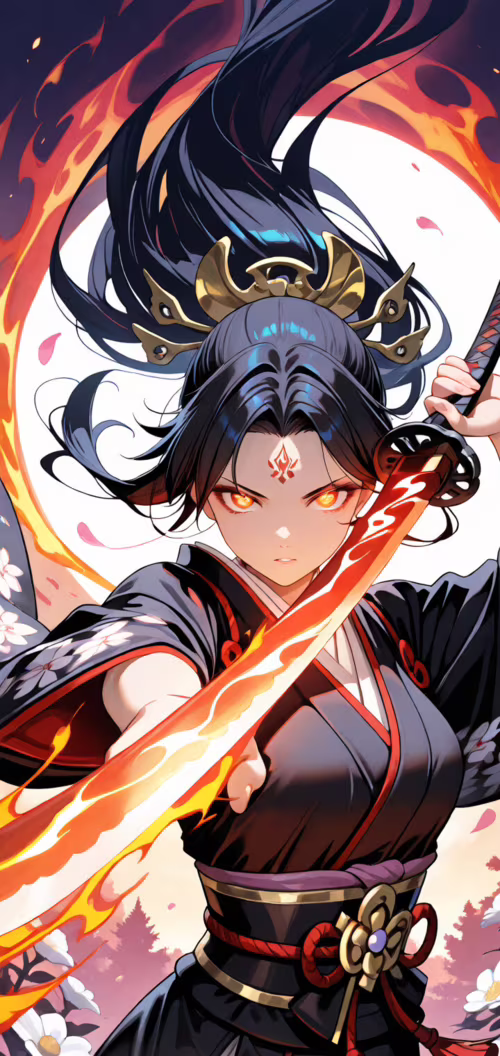 Аніме-персонаж, жінка-воїн із довгим темним волоссям, на голові у неї чорний головний... Blackview A30