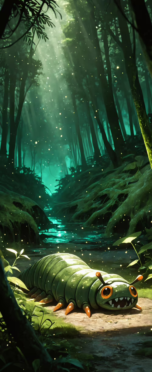 Дівчина в стилі аніме з каштановим волоссям, одягнена у великий зелений костюм гусениці,... Tecno Phantom V Flip2