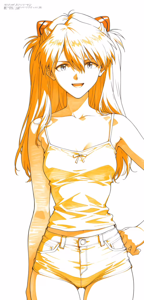 Лінійний малюнок Асуки Ленглі Сорю з аніме «Неоновий Ґенезис Євангеліон», на якому...