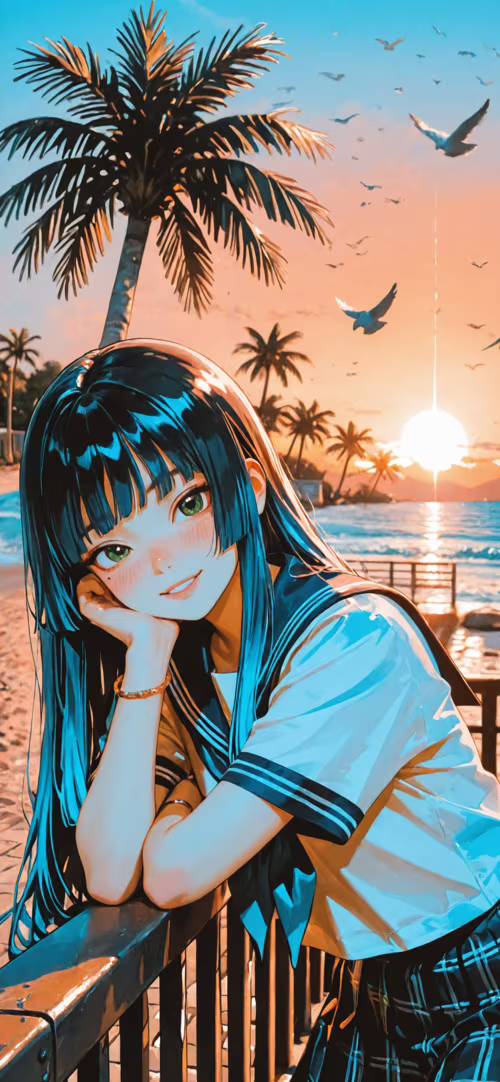 Дівчина в стилі аніме з довгим синім волоссям і зеленими очима, одягнена в шкільну... Google Pixel 4a 5G