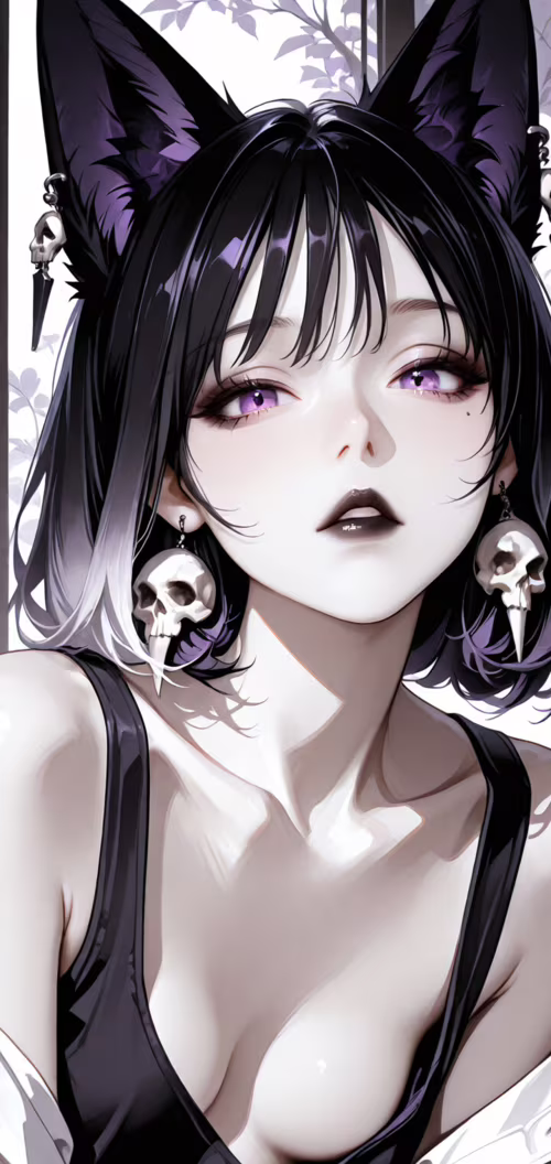 Ілюстрація в стилі аніме, на якій зображено дівчину з чорними лисячими вушками, фіолетовими... Alcatel 1SE