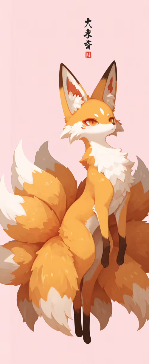Ілюстрація в стилі аніме, на якій зображено білу та помаранчеву дев’ятихвосту лисицю... Tecno Phantom V Flip2