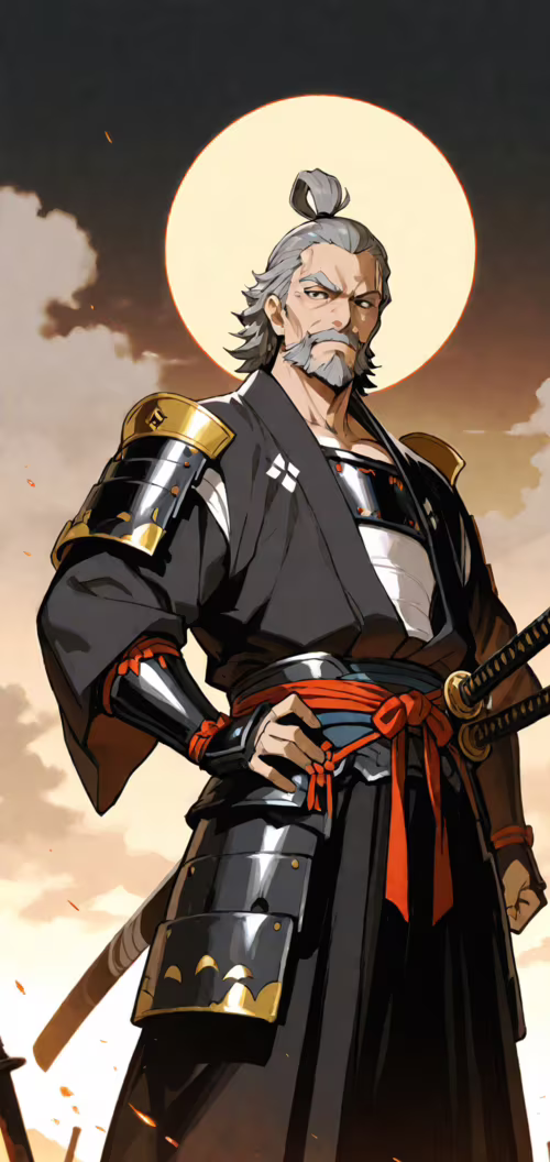 Ілюстрація в стилі аніме, на якій зображено літнього, кремезного самурая з сивим... Alcatel 1SE