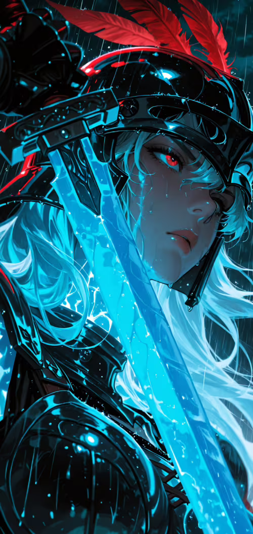 Портрет у стилі аніме, на якому зображено жінку-воїнку з довгим білим волоссям і...