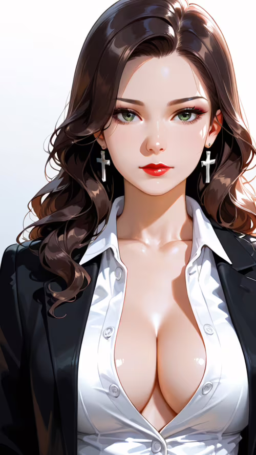 Красива жінка з довгим каштановим волоссям, зеленими очима та червоною помадою, одягнена... Vodafone Smart E8