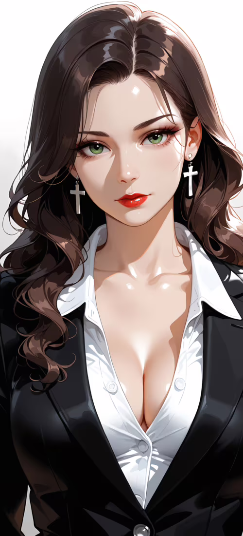 Красива жінка з довгим каштановим волоссям, зеленими очима та червоною помадою, одягнена...