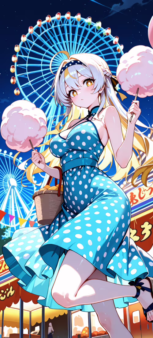 Аніме-дівчина з довгим світлим волоссям, одягнена в жовту сукню в горошок, тримає...