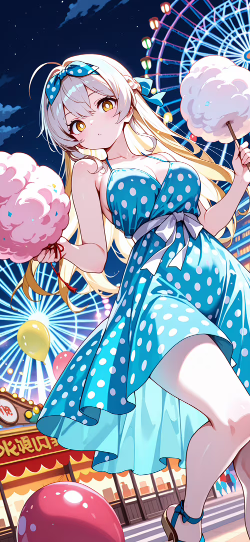 Аніме-дівчина з довгим світлим волоссям, одягнена в жовту сукню в горошок, тримає...