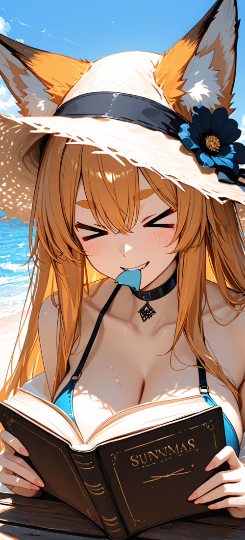 Анімешна дівчина-лисичка з чорним волоссям і солом’яним капелюхом на голові, заплющивши... Vivo V23 Pro