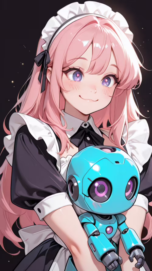 Крупний план усміхненої аніме-служниці з довгим рожевим волоссям і фіолетовими очима,... Vodafone Smart E8