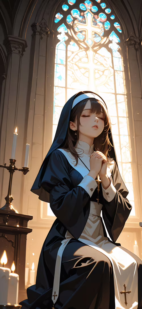 Ілюстрація в стилі аніме, на якій зображено молоду черницю з темним русявим волоссям,... Samsung Galaxy M31 Prime