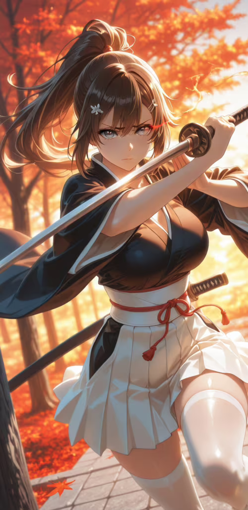 Аніме-дівчина з довгим каштановим волоссям, зібраним у хвіст, і серйозним виразом... Samsung Galaxy J6