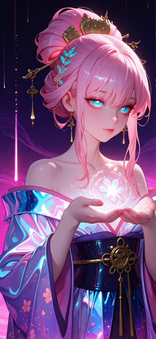 Чарівна жінка в стилі аніме з рожевим волоссям, зібраним у складну зачіску, одягнена... Samsung Galaxy M31 Prime