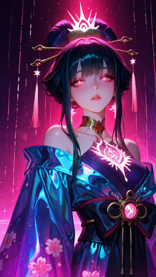 Чарівна жінка в стилі аніме з рожевим волоссям, зібраним у складну зачіску, одягнена... Vodafone Smart E8