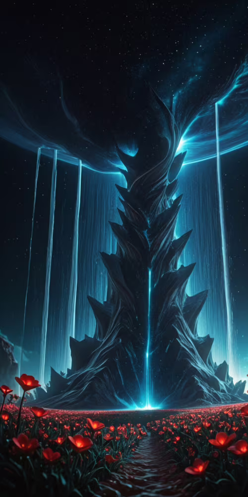 Сюрреалістична фантастична сцена, на якій зображено сяючий блакитний водоспад, що... Nuu G3