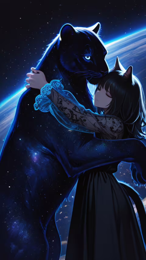 Анімешна дівчина-кішка з короткою чорною зачіскою та довгою чорною сукнею з прозорими... Vodafone Smart E8