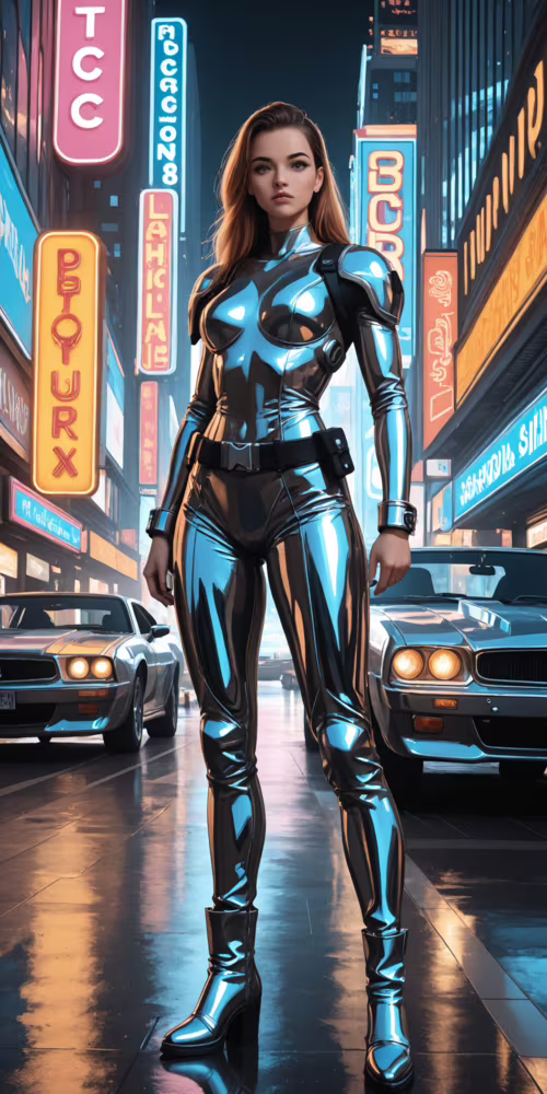 Повномірна ілюстрація жінки у футуристичному чорно-сріблястому бойовому костюмі,...