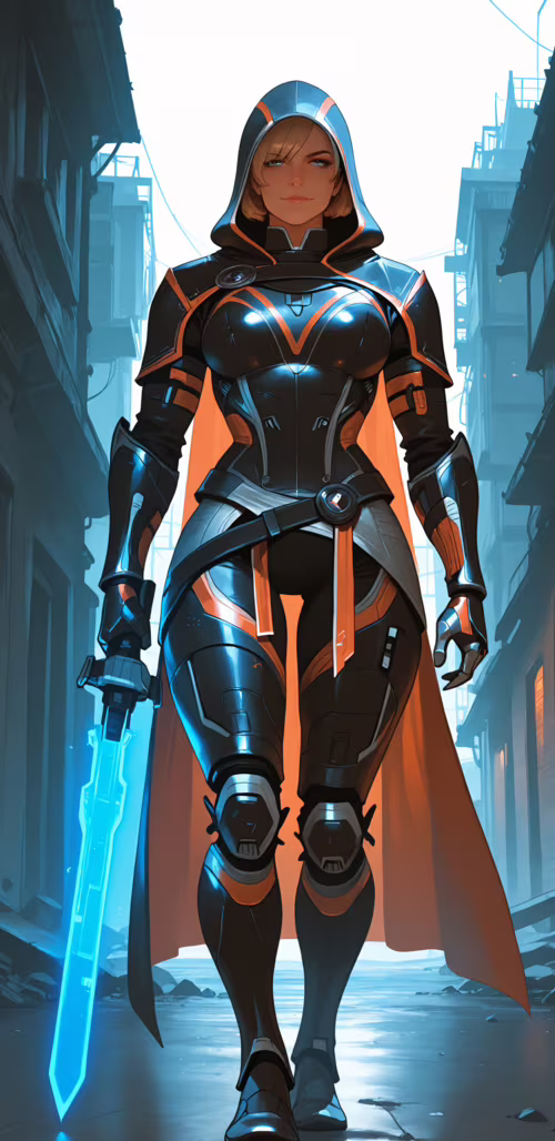 Цифровий малюнок, на якому зображено блондинку, командирку Шепард, у чорних футуристичних...