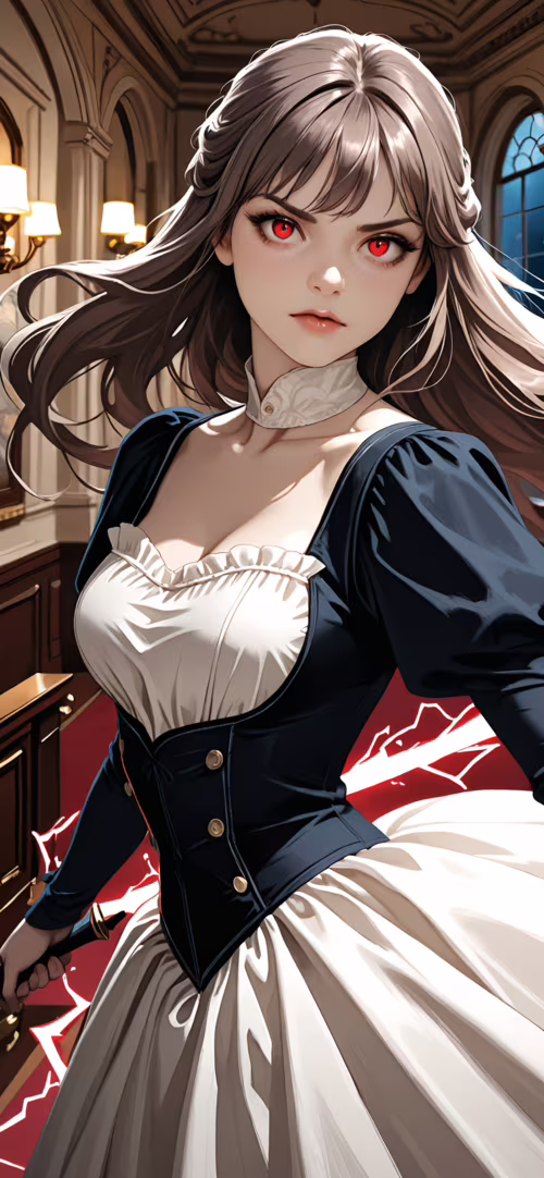 Жінка в стилі аніме, з довгим каштановим волоссям і пронизливими червоними очима,... Samsung Galaxy M31 Prime