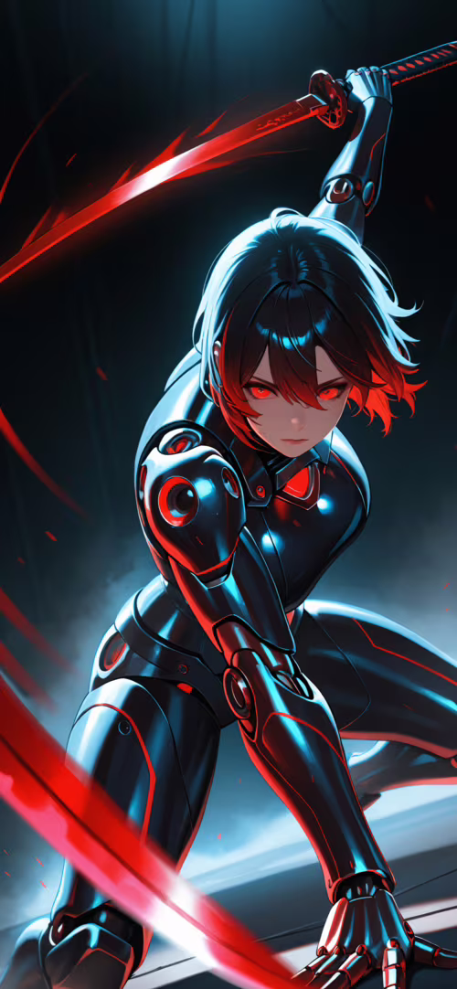 Жінка-кіборг в аніме-стилі, одягнена в темні футуристичні обладунки, з червоними...
