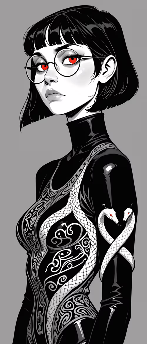 Графічний портрет жінки з короткою чорною стрижкою «боб», круглими окулярами та виразними... Motorola Edge S