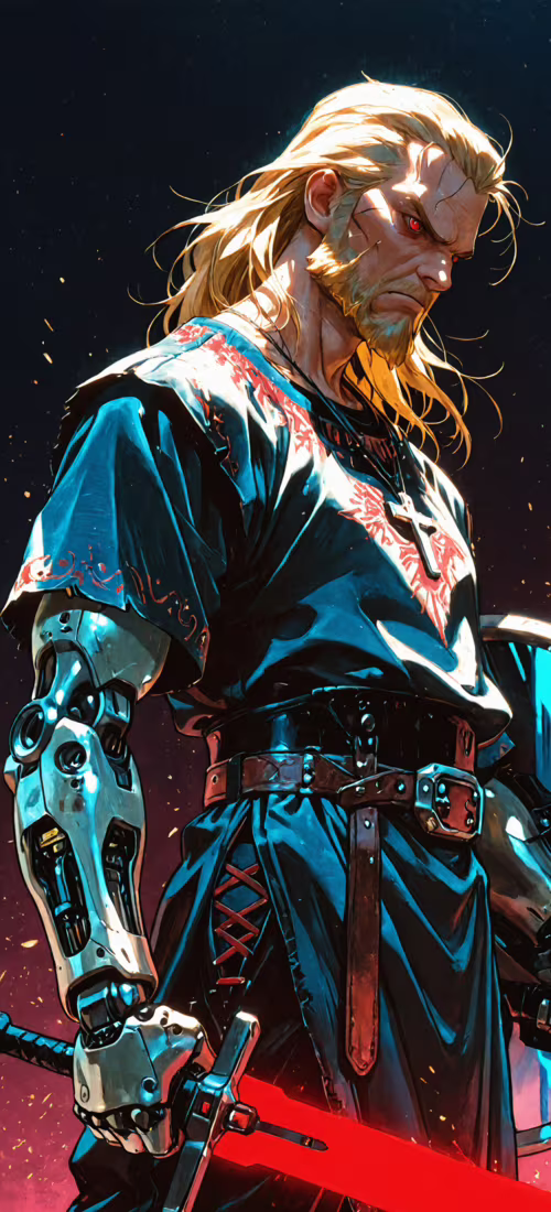 Цифровий малюнок, на якому зображено світловолосого чоловіка-воїна з бородою та сяючими... Huawei P40 Pro plus