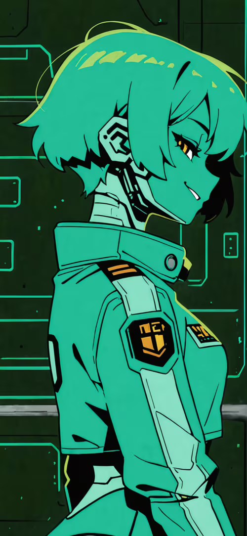 Ілюстрація в стилі аніме, на якій зображено кіборг-жінку з короткою темною зачіскою,... Oppo K3