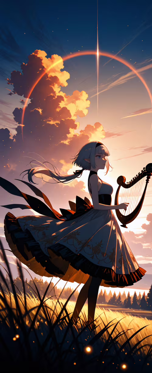 Зображення ельфійки в аніме-стилі в повний зріст, з сріблястим волоссям, яка грає... Tecno Phantom V Flip2