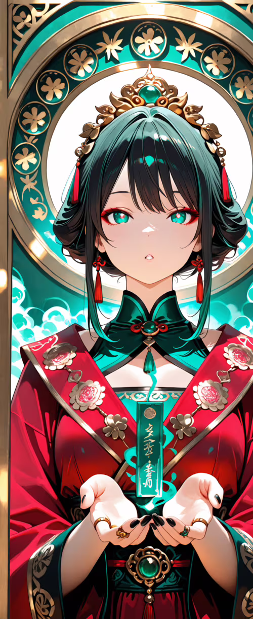 Жінка в стилі аніме, одягнена в традиційну китайську мантію червоного та зеленого... Samsung Galaxy Z Flip