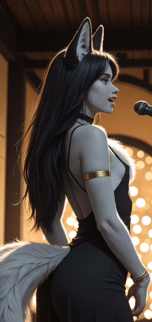 Жінка з довгим чорним волоссям, чорними лисячими вушками та великим пухнастим біло-чорним... Oppo A3s