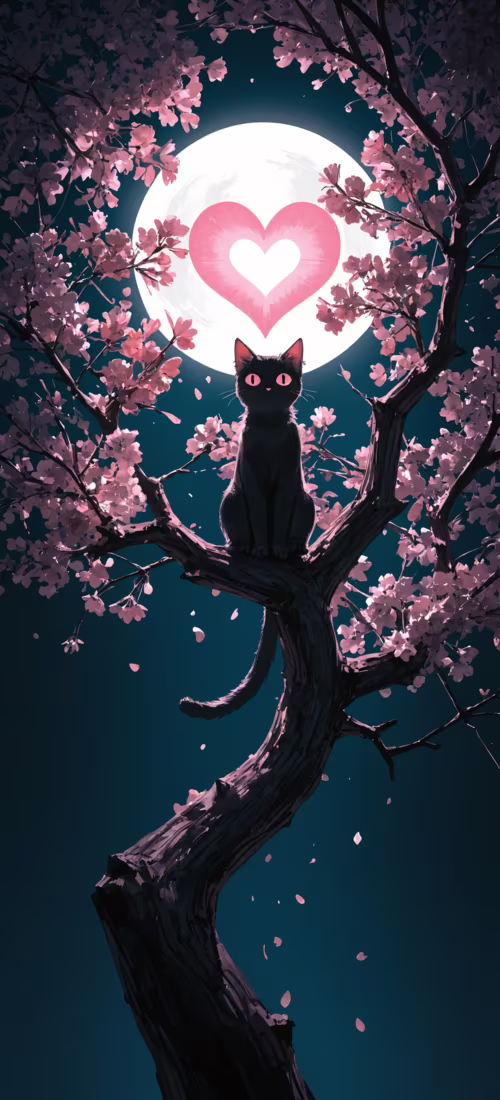 Чорний кіт із великими рожевими очима та сяючою рожевою серцеподібною плямою на грудях...