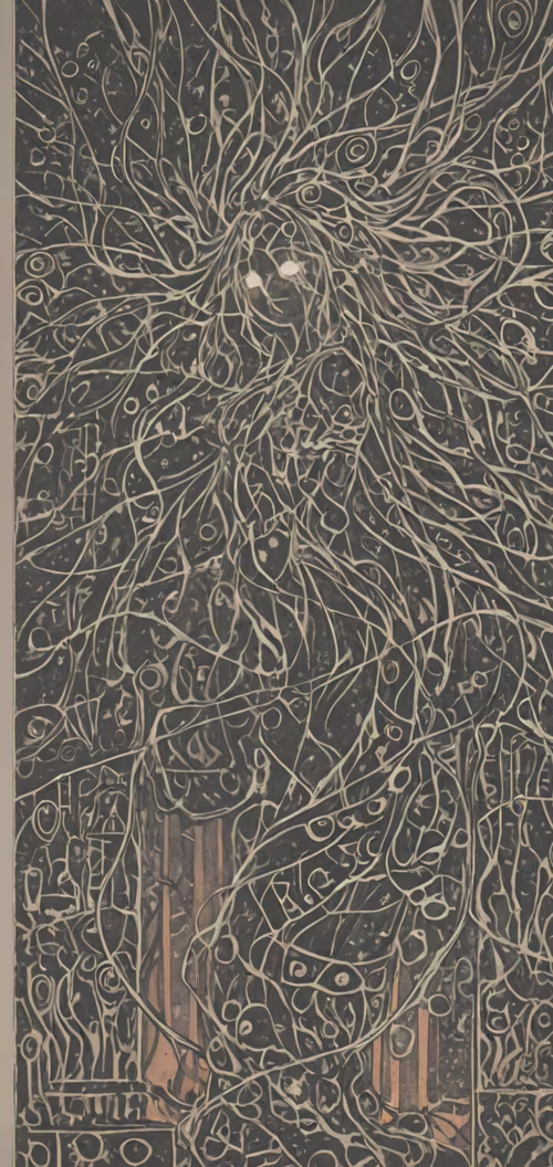 Абстрактна картина з темним фоном, на якому зображено густу, складну мережу з витіючих... Oppo A3s