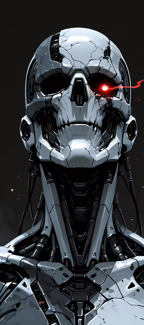 Зображення робота в анфас: білий скелет із червоними очима, що світяться, і пошкодженою... Tecno Camon 30 Pro