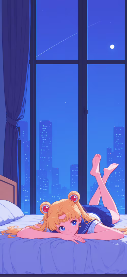 Сейлор Мун, з її фірмовою світлою зачіскою «оданго», лежить на животі на ліжку, дивлячись... Vivo V11