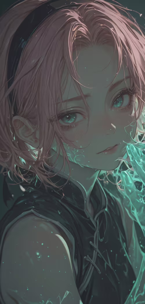 Художній портрет Сакури Харуно з аніме «Наруто» з рожевим волоссям і сяючими зеленими...