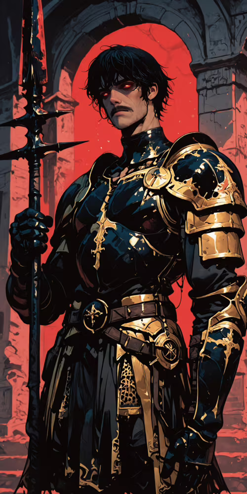 Мускулистий воїн зі смаглявим волоссям, вусами та палаючими червоними очима, одягнений... Nuu G3