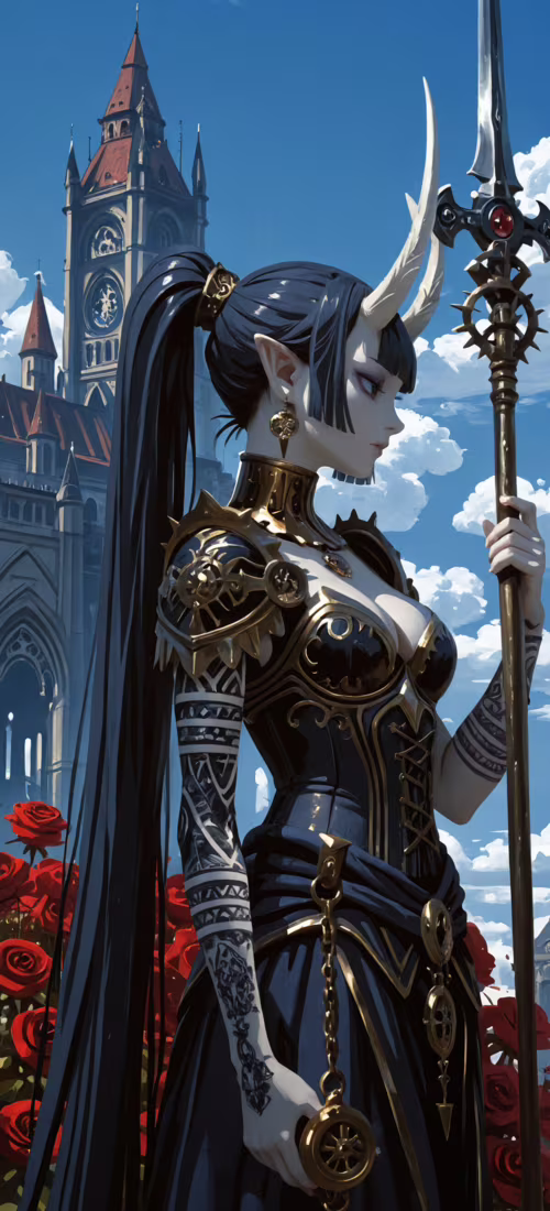 На малюнку зображено жінку з білими рогами та ельфійськими вухами, одягнену в вишукані... Vivo X60 Pro