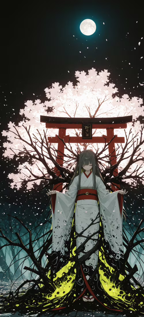 Ілюстрація в стилі аніме, на якій зображено молоду жінку з темним волоссям у біло-чорному...